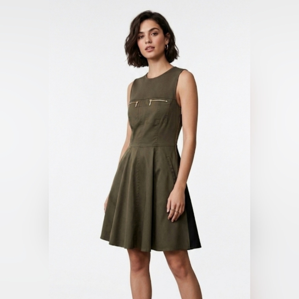 ​Armani Exchange Olive Green Zip-Pocket Fit & Flare Dress - Size 8
